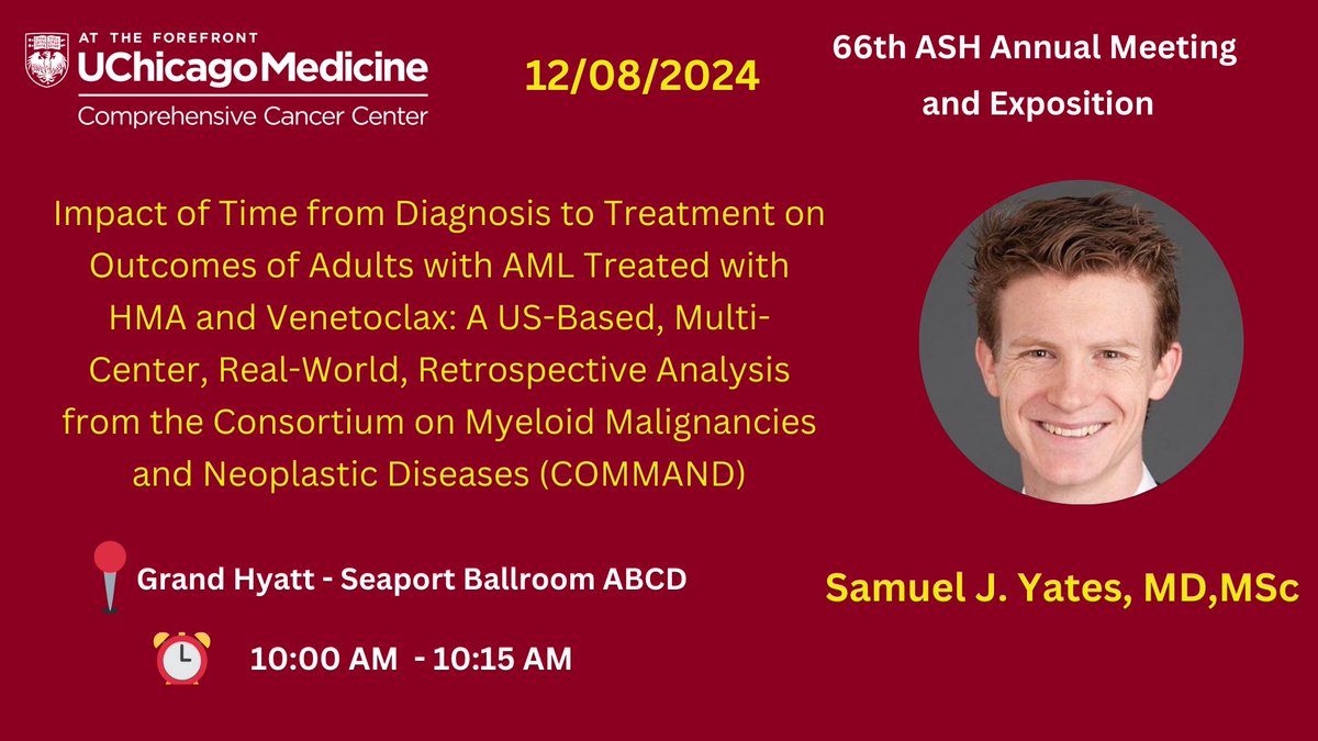 UChicagoCancerCenter (@uccancercenter) on Twitter photo At #ASH24, Samuel Yates, MD presents new findings from a study looking at the association between time to diagnosis and treatment and survival outcomes in #AML patients treated with HMA+Ven.
<a href="/Anand_88_Patel/">Anand Patel</a> <a href="/UChicagoHemOnc/">University of Chicago Hematology/Oncology</a> <a href="/UChicagoLeuk/">UChicago Leukemia Program</a> At #ASH24, Samuel Yates, MD presents new findings from a study looking at the association between time to diagnosis and treatment and survival outcomes in #AML patients treated with HMA+Ven.
<a href="/Anand_88_Patel/">Anand Patel</a> <a href="/UChicagoHemOnc/">University of Chicago Hematology/Oncology</a> <a href="/UChicagoLeuk/">UChicago Leukemia Program</a>
