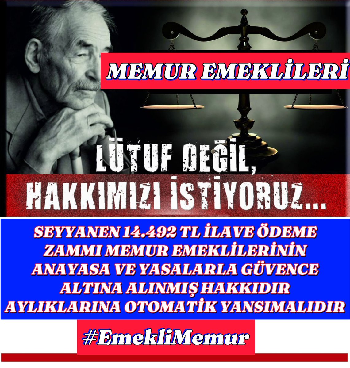 Seyyanen zam verilen Memur ile  #EmekliMemur arasındaki  maaş dengesizliği ne kadar daha görmezden gelinecek. 18 aydır yasal hakkımız seyyanen zammı alamıyoruz 
#MemurEmeklisineAdalet
<a href="/RTErdogan/">Recep Tayyip Erdoğan</a> 
<a href="/dbdevletbahceli/">Devlet Bahçeli</a> 
<a href="/Akparti/">AK Parti</a> 
<a href="/MHP_Bilgi/">MHP</a> 
<a href="/RTEdijital/">Erdoğan Dijital Medya</a> 
<a href="/TBMMGenelKurulu/">TBMM Genel Kurulu</a> 
<a href="/_aliyalcin_/">Ali YALÇIN</a>