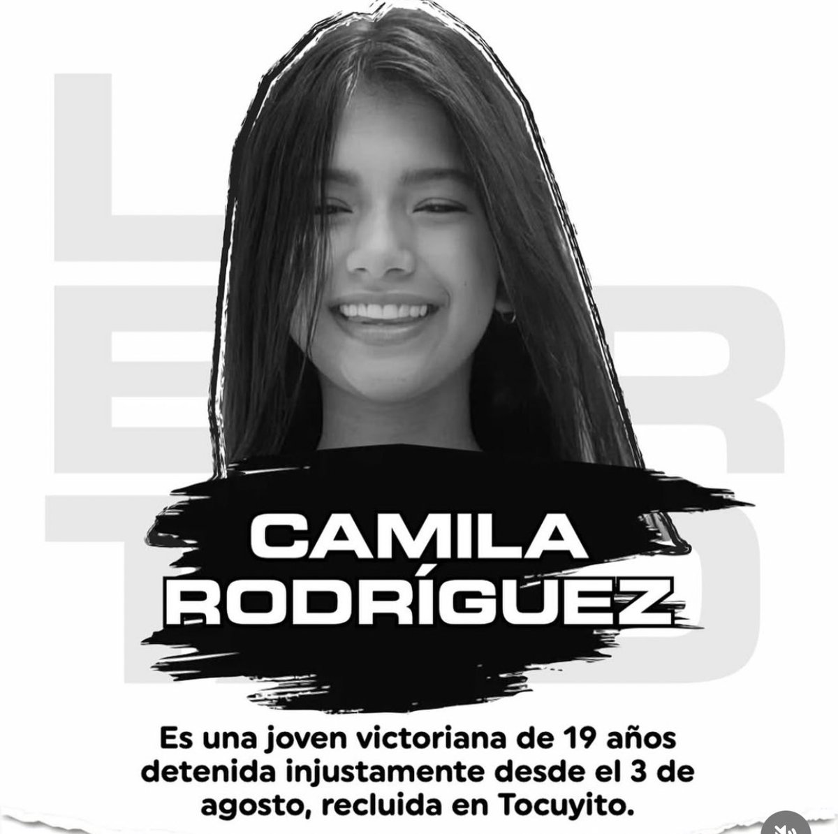 Ella es Camila Rodríguez, una victoriana secuestrada por órdenes de Nicolás Maduro en los eventos post electorales. Camila no es terrorista, nunca ha tenido vínculos ni militancia política, es una estudiante con sueños en Venezuela. Es inocente, pedimos por su LIBERTAD.