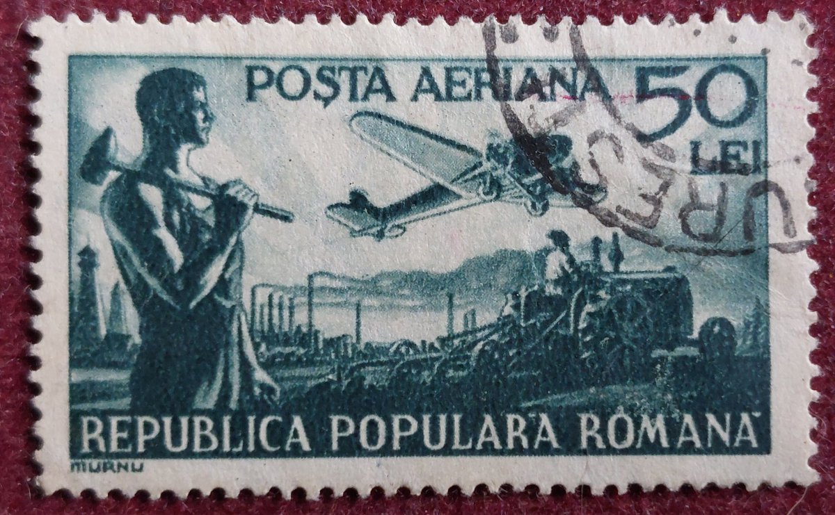 Communist #Romania produced this 1948 #airmail stamp and it's strong in Communist idealised iconography of a worker in the fields, but with the classic use of a plane in flight overhead to indicate it's an air stamp. #philately #philatelie #stamps #timbres #briefmarken #used