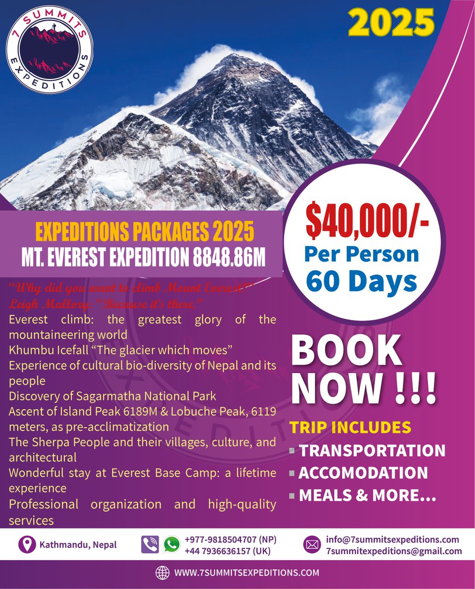 884886m's tweet photo. Booking Open for Everest Expedition 2025!
Gear up for the ultimate adventure of a lifetime—Everest Expedition 2025! Limited slots available—don’t miss your chance to stand on the roof of the world!
📅 Reserve your spot today!
#Everestexpedition2025 #Everest #7summitsexpeditions https://t.co/MszYJ3WhEs