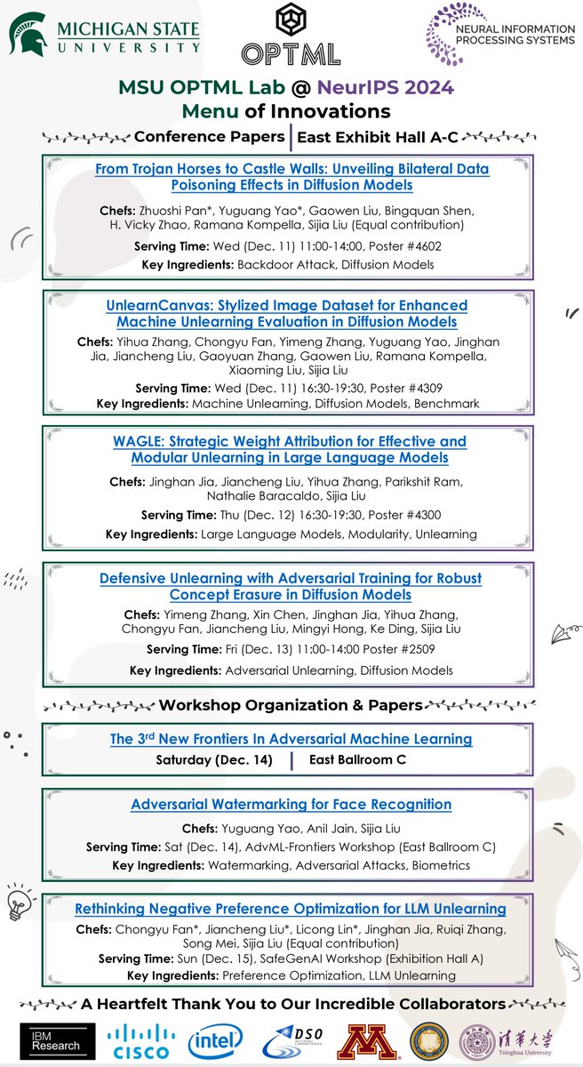 Excited to attend #NeurIPS2024 in Vancouver! 🎉

Check out the OPTML Menu of Innovations @ NeurIPS 2024:
🔗 optml-group.com/images/pubpic/…, featuring our latest research on adversarial ML and machine unlearning for generative AI. 

Looking forward to reconnecting with old friends and
