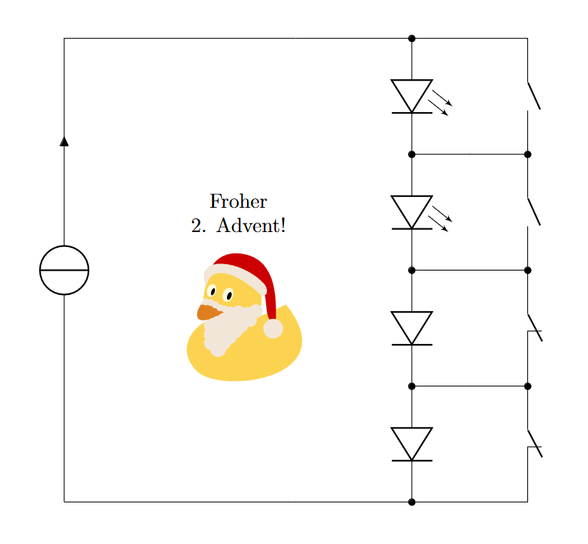 Einen frohen 2. nerdigen Advent allerseits - die nächste Leuchtdiode ist bestromt!
#TeXLaTeX #CircuiTikZ #TikZDuckling
Quelltext: overleaf.com/read/khmckvxgp… via <a href="/overleaf/">Overleaf</a>