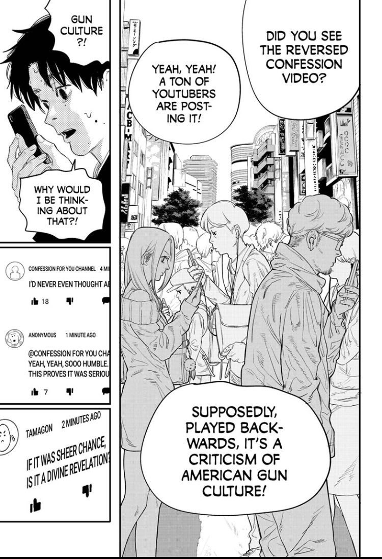 YoungNeanderth1's tweet photo. @XXXTEEBTACION @XJ_0461_ In retrospect this page from Just Listen to the Song is really funny. Fujimoto wrote this then put the most heavy handed symbolism of American gun culture into chainsaw man. https://t.co/jLJf0XAeEx