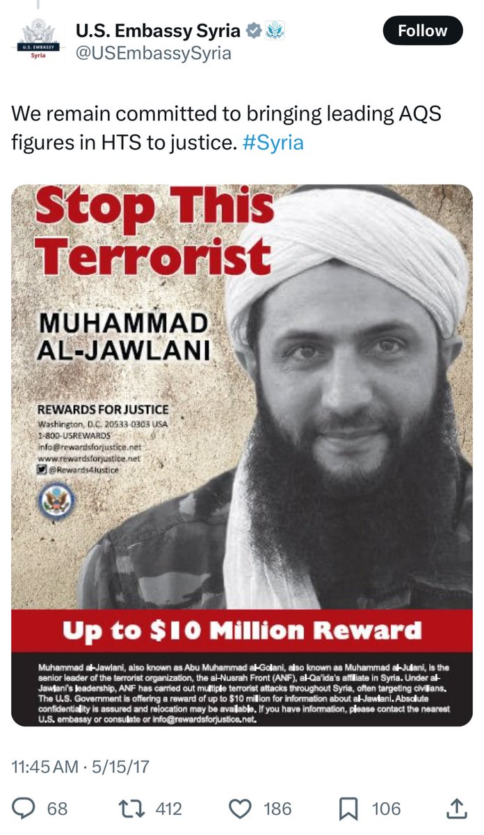 mehdirhasan's tweet photo. This guy is technically wanted by the US and has a bounty on his head (see below) but we all know that doesn’t count anymore. Such is the ‘great game’ of politics/geopolitics in the Middle East. 🤷🏽‍♂️ Let’s hope the Syrian people don’t suffer under him, as they suffered under Assad. https://t.co/dW4xY2Iltm