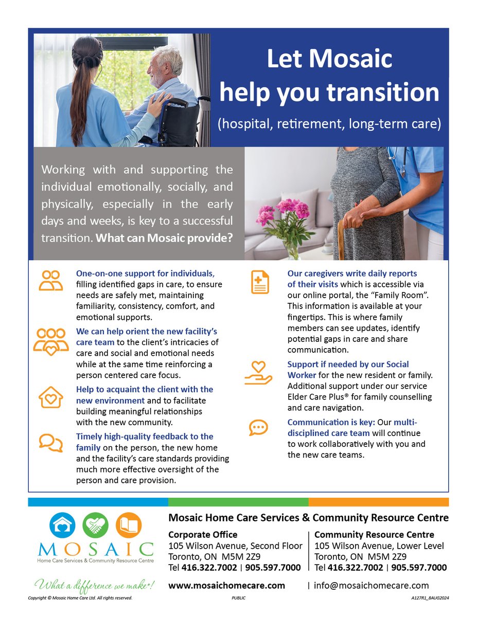 Let <a href="/Mosaichomecare/">Mosaic Home Care - Communities & Persons Together</a> help you transition #hospital #retirement #LTC Working with an supporting the individual emotionally, socially, and physically, especially in the early days and weeks, is key to successful transition.  What can <a href="/Mosaichomecare/">Mosaic Home Care - Communities & Persons Together</a> provide? #homecare