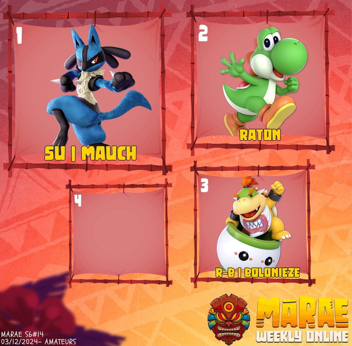 MaraeWeekly's tweet photo. 🐍 Marae - TOP 8 S6#14 🐍

1er : @FosterGolden6 
2ème : Antoroad
3ème : @GluigiRB 
4ème : Kurusu
5ème : @oti_krasniqi &amp; @Vallu111 
7ème : @romeodeinternet &amp; @LeHgare 

🐍 Marae Amateurs - TOP 4 🐍

1er : @Mauch2204 
2ème : @RatonUltimate 
3ème : @Bolonieze_SSBU 

#MaraeWeekly🐍 https://t.co/l3itNYll3P