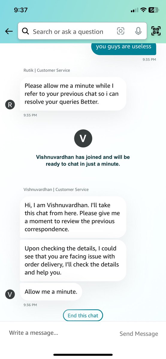 anupamporwal's tweet photo. @AmazonHelp @amazonIN @amazonIN @AmazonHelp your customer care executive left the chat purposely. And I’m not worried about refunds. The delayed delivery to a prime member again and again is a crime. It’s embarrassing if the item is a gift. Happened the 6th time now. Not renewing my #prime membership https://t.co/8VKoYQXCo0