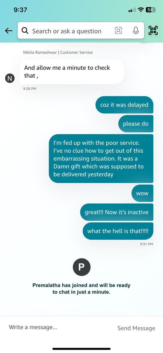 anupamporwal's tweet photo. @AmazonHelp @amazonIN @amazonIN @AmazonHelp your customer care executive left the chat purposely. And I’m not worried about refunds. The delayed delivery to a prime member again and again is a crime. It’s embarrassing if the item is a gift. Happened the 6th time now. Not renewing my #prime membership https://t.co/8VKoYQXCo0