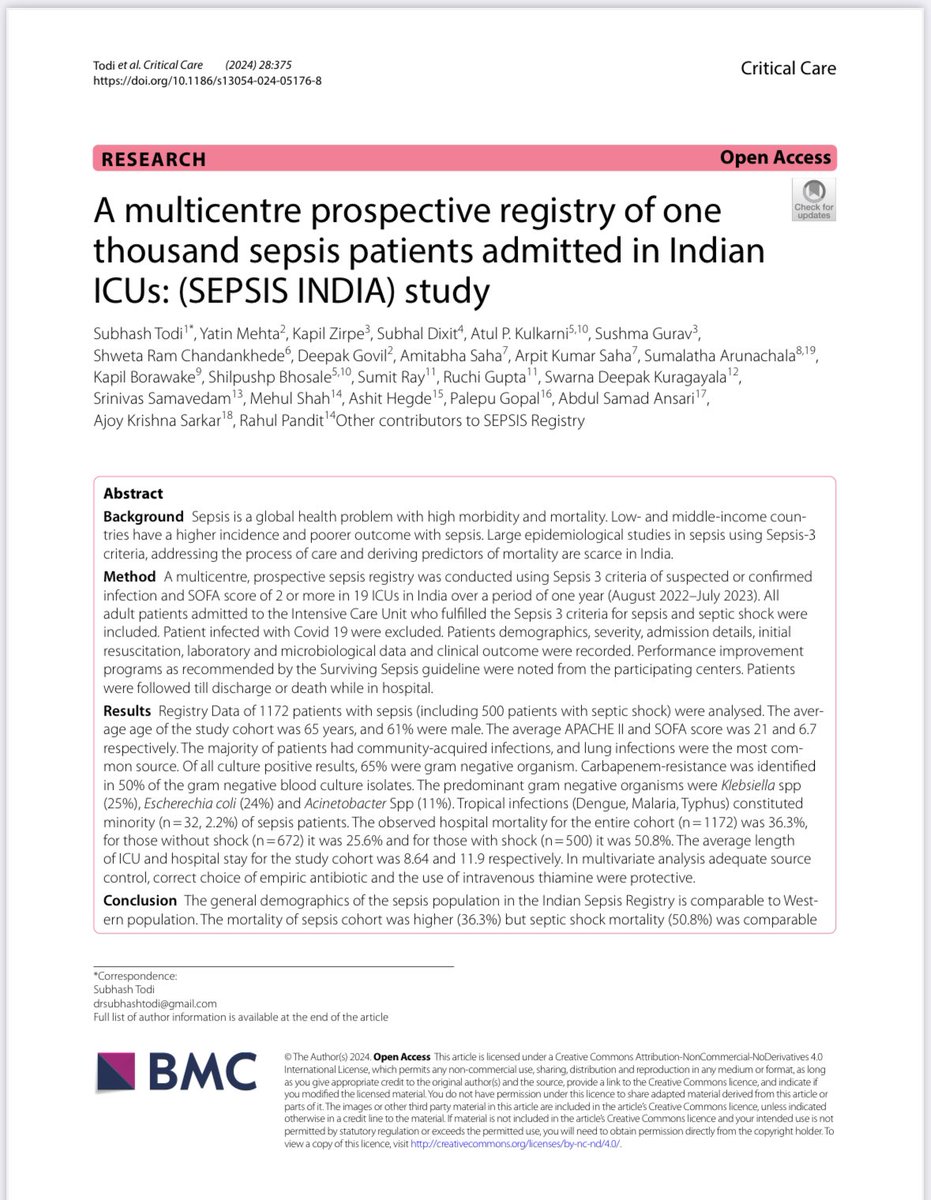 SEPSIS INDIA : The  largest multicentre prospective epidemiological study on sepsis from India has recently been  published in Critical Care  journal . 

rdcu.be/d0OwH