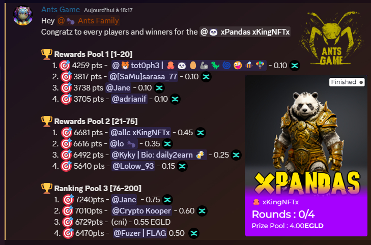 <a href="/PulsarMvX/">ᕈulsar on MultiversX</a> send 10000 XKING to 150 retweet

🎉 Congratulations to the winners of the Ants Game contest 🐜🔥! Your strategy, passion, and NFTs truly shone 💎🚀! 
Huge thanks to all participants for this Contest🌟.

📢 The next contest starts tomorrow with the #AntsGameTicket