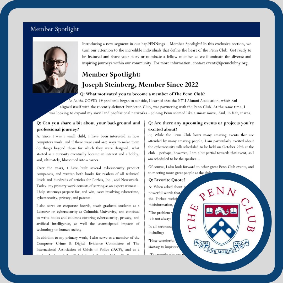 JosephSteinberg's tweet photo. Thank you to @ThePennClub  for featuring me in its recent monthly magazine.

#cybersecurity #infosec #infosecurity #security #privacy #pennclub #cybersecurityexpertwitness #seguridad #nyc #penn #cybersec https://t.co/JaPcrsoqYN