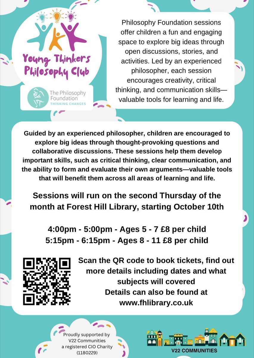 Tickets for Young Thinkers Philosophy Clubs <a href="/LibrarySE23/">📚📖📚Forest Hill Library 📚📖📚</a> and <a href="/MHLibraryLee/">Manor House Library</a> are on sale now!  These sessions will offer a unique and enriching experience to explore some big philosophical questions in an engaging, fun environment buff.ly/3XP64OM? buff.ly/3XP64OM?