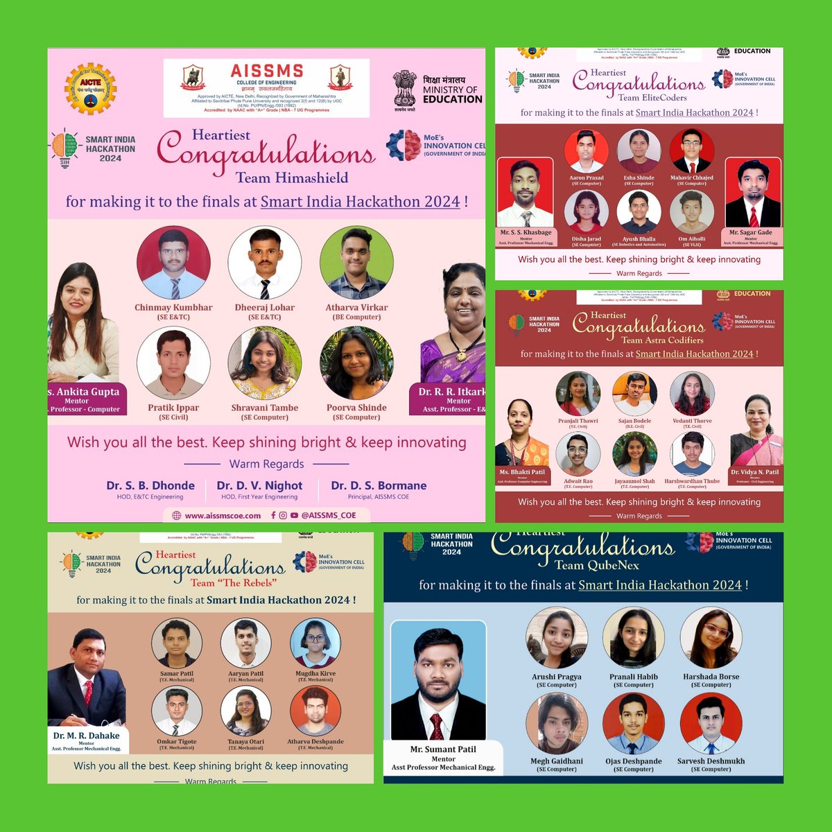 AISSMS College of Engineering shines as its teams secure a spot in the Smart India Hackathon 2024 Finals! Congratulations and best wishes to the students and mentors."
#SmartIndiaHackathon #SIH2024 #PM_ModiAtSIH #InnovationSeAtmanirbharBharat #JaiAnusandhan #AISSMSCOE