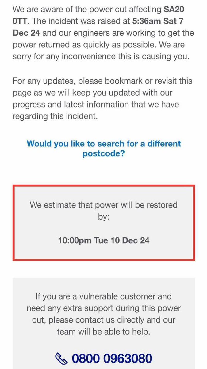 4 days without power?!!! Really? <a href="/BBCWales/">BBC Wales 🏴󠁧󠁢󠁷󠁬󠁳󠁿</a> <a href="/nationalgriduk/">National Grid UK</a> <a href="/nationalgrid/">National Grid</a> <a href="/Keir_Starmer/">Keir Starmer</a> <a href="/PrifWeinidog/">Eluned Morgan</a> <a href="/Eluned_Morgan/">Eluned Morgan</a> 
)-: 
It’s cold and i need a shower and a hot meal. Can’t they fix this sooner? 
No phone lines either