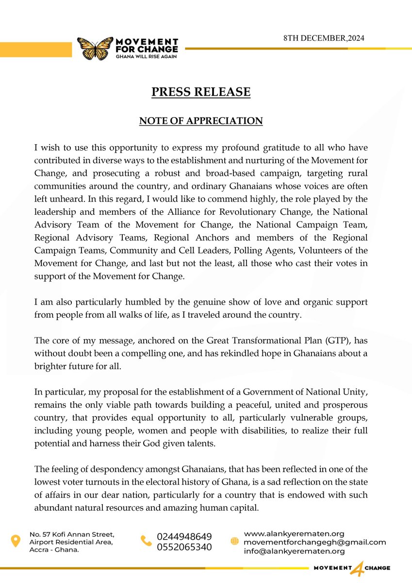 AlanKyerematen's tweet photo. Deeply humbled and thankful to all who supported the Movement for Change. Together, we championed a vision of unity, hope, and a brighter future for Ghana. Let’s continue to work towards building a prosperous nation under H.E. John Dramani Mahama's leadership. God bless our homeland Ghana! 🇬🇭

#GhanaFirst