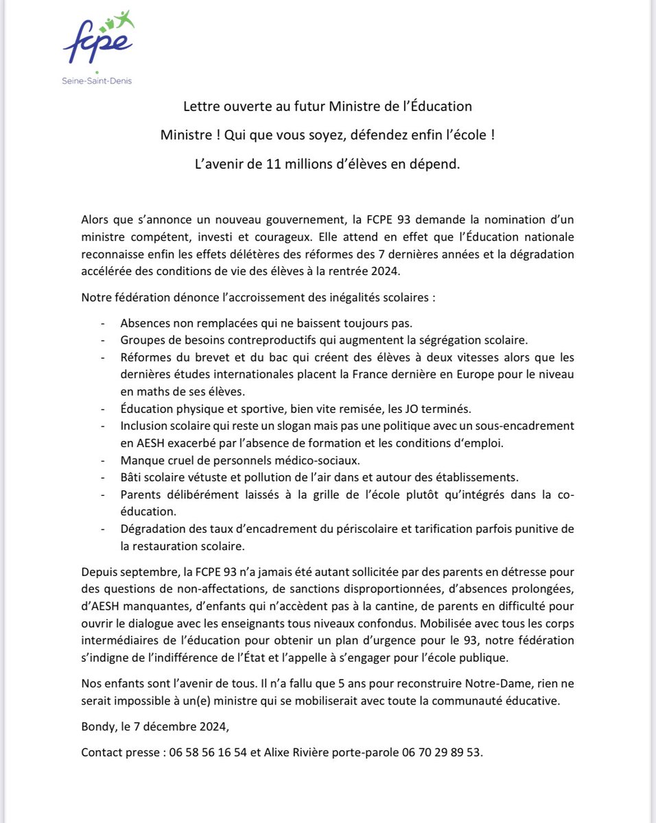 mounafis's tweet photo. ⚠️Lettre ouverte au futur ministre de l’éducation 👇🏼
@fcpe93 https://t.co/dPiF2Y1VuS