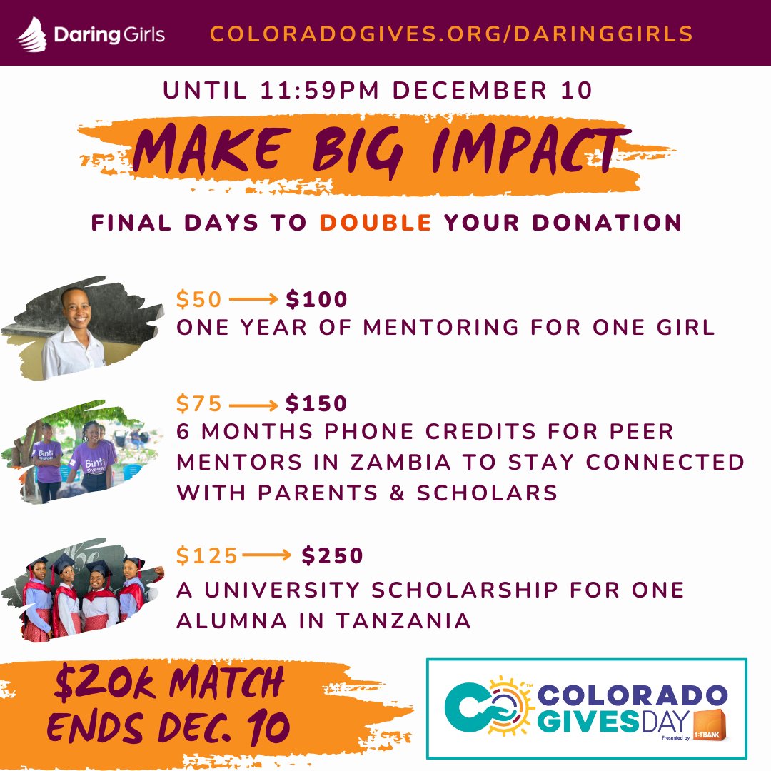 Time is running out for us to secure a critical $20,000 match by Dec. 10. Which means YOU still have time to DOUBLE THE IMPACT of your gift! 

Here are examples of just how far your donation can go. Give at coloradogives.org/daringgirls or donate #crypto or stock via our website!