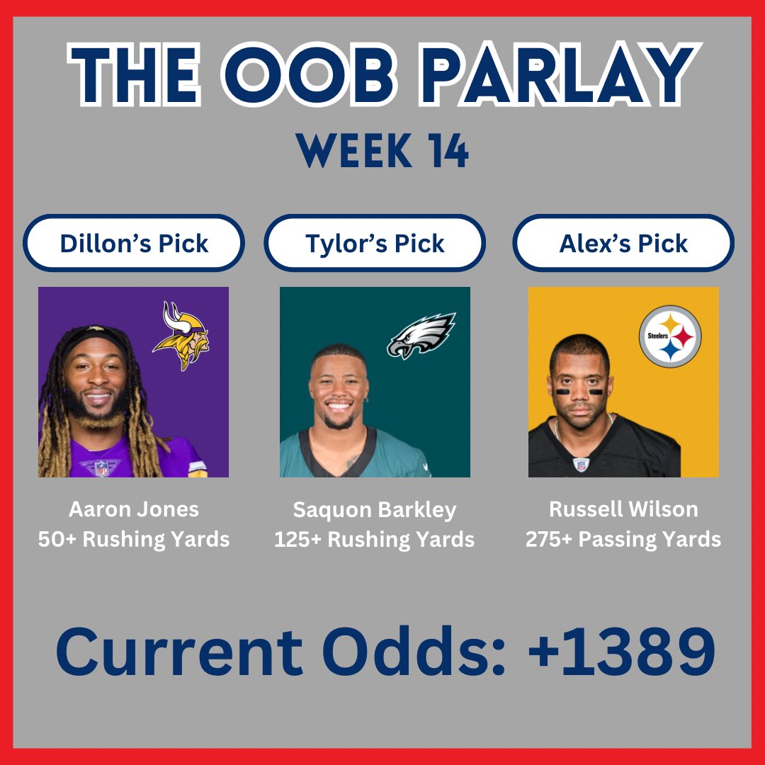 OOBPodcast's tweet photo. Go big or go home! Here’s the Week 14 #OOBParlay!

#Vikings #Eagles #Steelers #NFL https://t.co/YfgBHxA8US