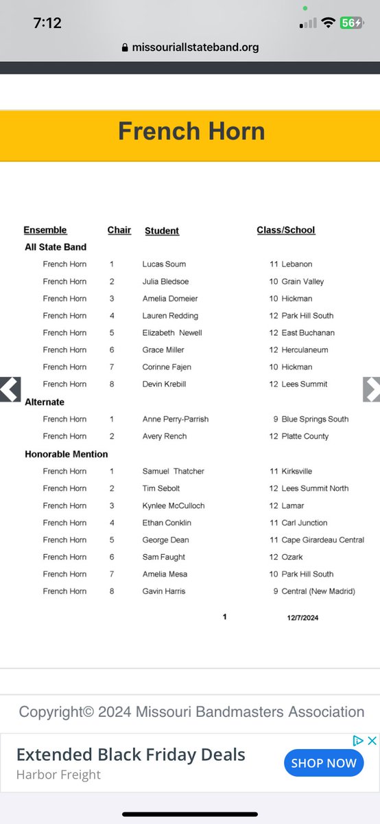 Congrats Senior Herky Band member Grace Miller. 6th Chair All-State Band! <a href="/MoBandmasters/">Missouri Bandmasters</a>