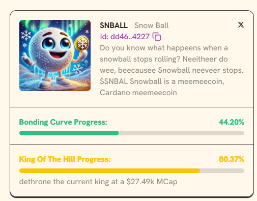SnowBallADA's tweet photo. 🚀 Almost there – Snowball is about to become King of the Hill! 👑❄️
Progress: 📈 We’re rolling stronger and faster every moment. The peak is within reach – are you with us? 🌨️
BUY HERE- https://t.co/QY0RM40G5x
#SnowBall #SNBAL #KingOfTheHill #Cardano #snekfun https://t.co/V3MRjroHJq