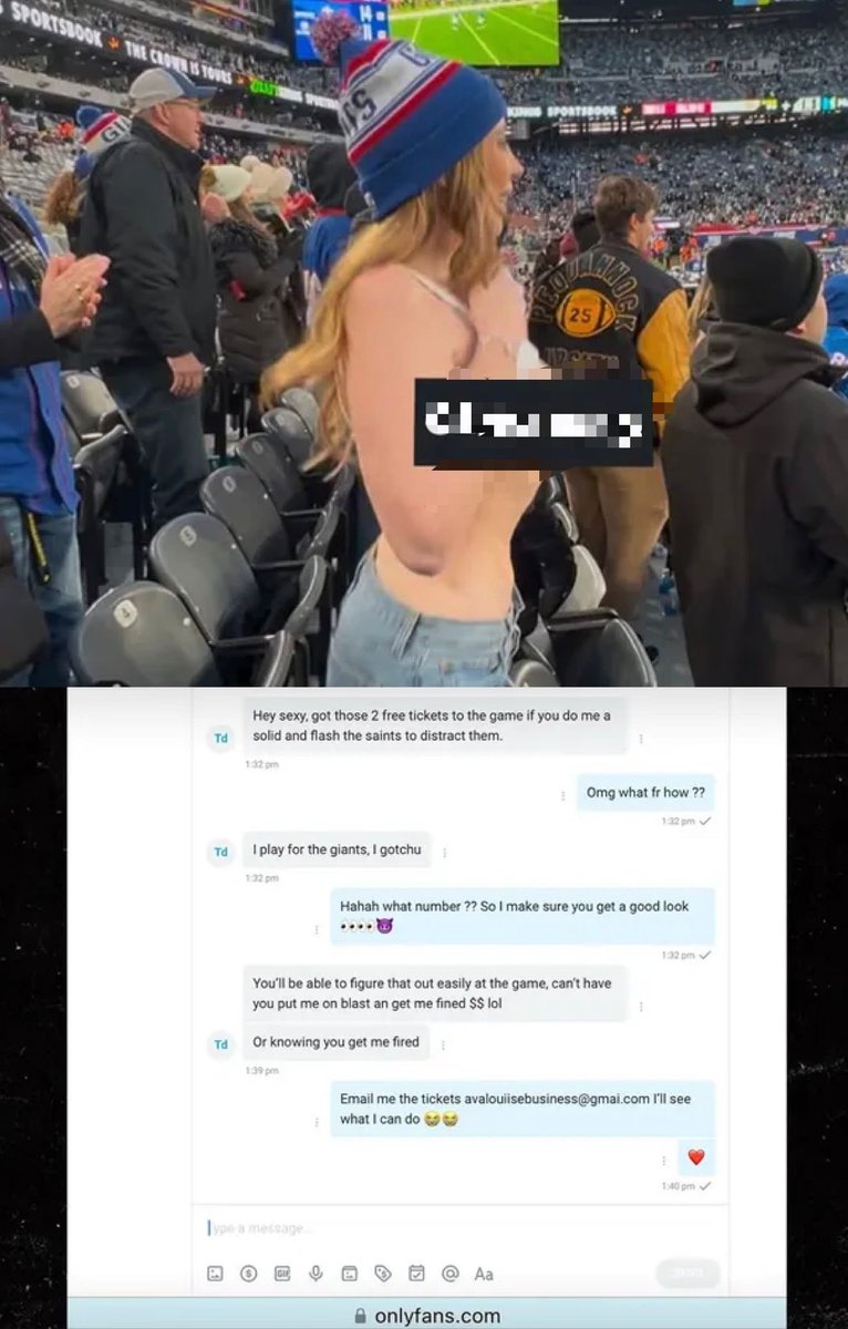 Wild: A #Giants player allegedly gave an OF model tickets to today’s game so she could flash the #Saints during the game to distract them.

(via TMZ)