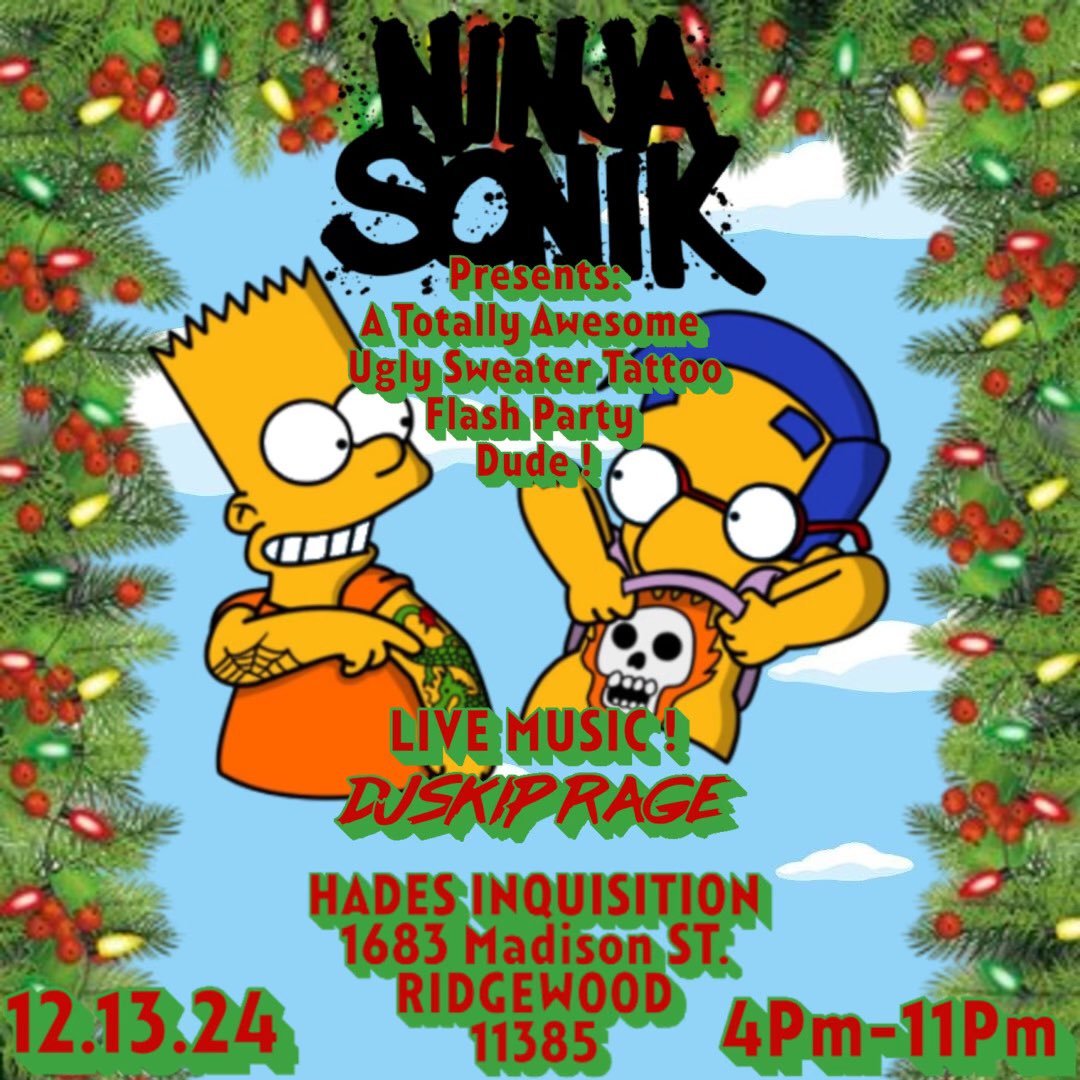 Rochout's tweet photo. Our friends Ninjasonik is hosting our ugly sweater tattoo flash party this Friday the 13th. A special flash sheet will be available with sounds from our good friend Skip Rage. Pull up to our Ridgewood location &amp; enjoy music, food &amp; drinks with your choice of flash! #tattoo https://t.co/HfD2w5MDQZ