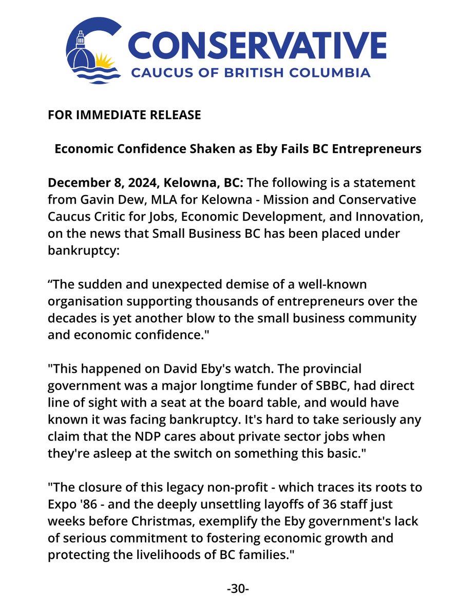 gavindew's tweet image. Silence and inaction.

That’s what entrepreneurs got from David Eby’s NDP as Small Business BC collapsed after 4 decades.

Next time you hear an NDP cabinet minister claim they suddenly care about private sector jobs, remember this. 

This is what #Ebynomics looks like.

#bcpoli