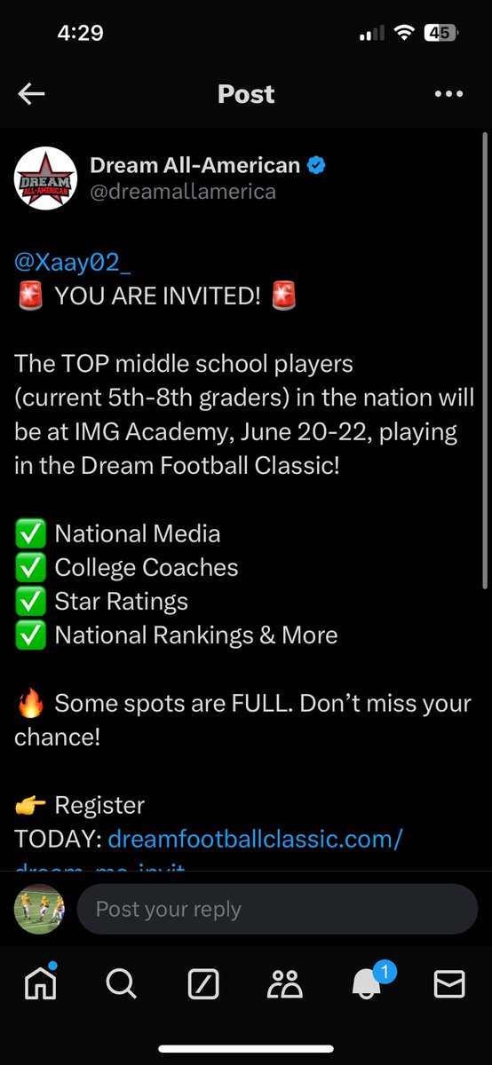 Thanks for the invite <a href="/dreamallamerica/">Dream All-American</a> I will come out and give it my all @NE_Ok_HS_Sports <a href="/ScottRapp17/">Scott Rapp</a> @tdrecruits <a href="/TerrenceIsaac1/">Coach Isaac SR.</a> <a href="/coach_hadac/">Coach Isaac</a> <a href="/ODFBall/">Offense🏈Defense</a> <a href="/sixstarfootball/">Six Star Football | PLUS+</a> <a href="/SportPrepX/">SportPrepX</a> <a href="/gageplaysball/">Gage Coleman</a> <a href="/Scout_JeffreyS/">Sports Recruiter Jeffrey Stein</a> <a href="/KeyPlayerNation/">KeyPlayer®️Nation</a> <a href="/CoachBrianLewi2/">Coach Brian Lewis CAA 🏴‍☠️</a>