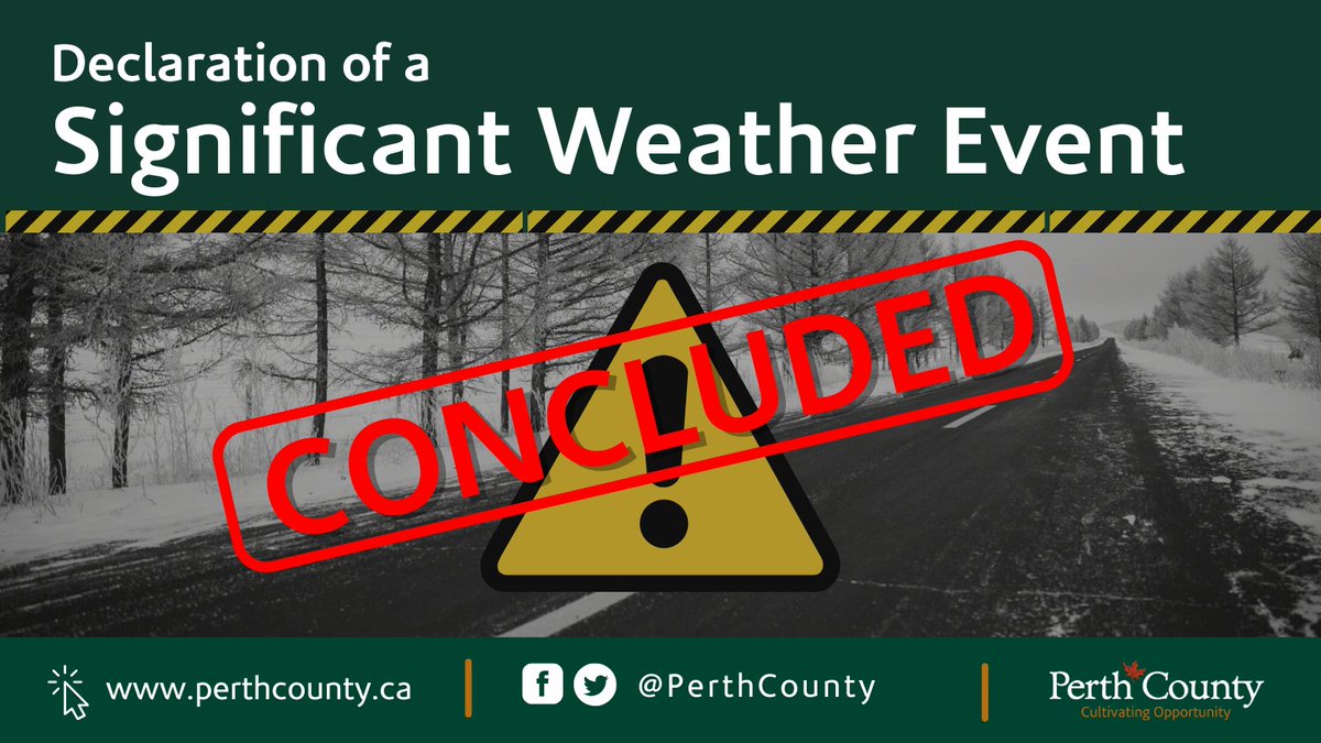 PerthCounty's tweet image. 📣At 5:30pm local time, Perth County officially ended the declared Significant Weather Event. While the declaration for County roads has ended, drivers are reminded to use caution as road crews continue their work. 

Full Story: perthcounty.ca/news

#PerthCounty