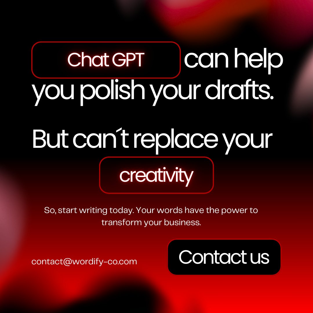 wordify_co's tweet photo. 💡#ChatGPT polishes your drafts, but #creativity drives connection and action.
📝 Ready to #transform your #business?
📩 contact@wordify-co.com
#WORDIFY #copywriting https://t.co/kvWzvSiM23