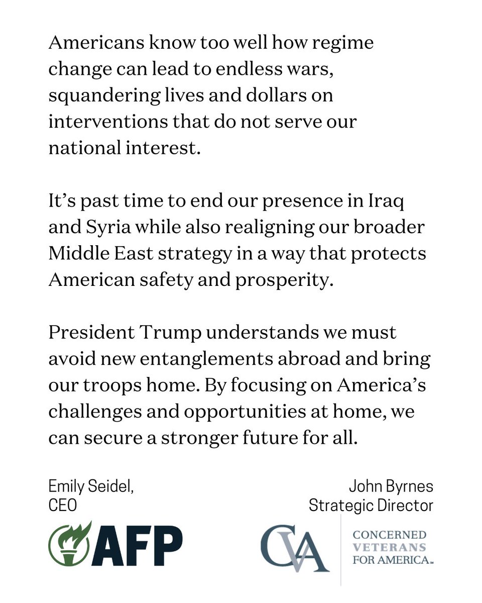 ConcernedVets's tweet photo. America's foreign policy should protect our national interests. @realdonaldtrump's principled approach to the developing situation in Syria prioritizes our national security and guides us away from unnecessary conflicts.

AFP's CEO @SeidelSays and CVA's Strategic Director @JohnByrnes13 full statement ⬇️