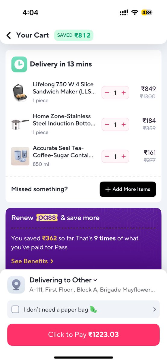 Ram2rhythm's tweet photo. I was reading about the @ZeptoNow scam online and wanted to test it myself. It’s true the item cost + surge cost + GST + Handling and the final cost doesn’t add up. This is blatant cheating. And, how is this not a bigger news than what it is beyond me. #zepto #scam #darkpattern https://t.co/28o7AsHuUc