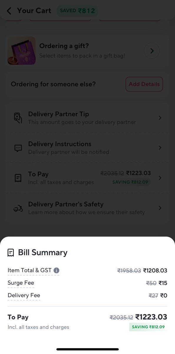 Ram2rhythm's tweet photo. I was reading about the @ZeptoNow scam online and wanted to test it myself. It’s true the item cost + surge cost + GST + Handling and the final cost doesn’t add up. This is blatant cheating. And, how is this not a bigger news than what it is beyond me. #zepto #scam #darkpattern https://t.co/28o7AsHuUc