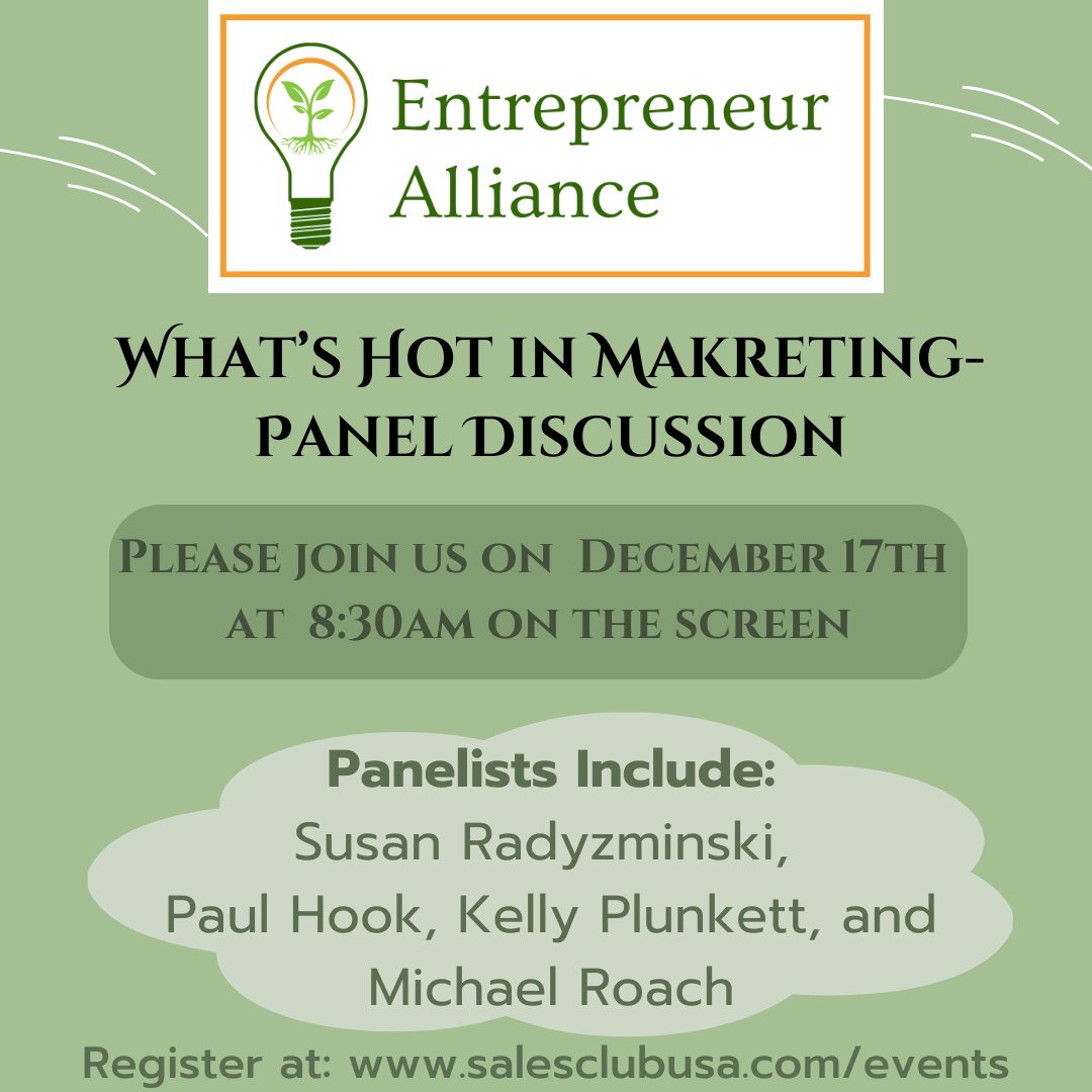 Join us for a discussion on what's HOT in #marketing today. 

Marketing experts Susan Radzyminski, Paul Hook, Kelly Plunkett, and Michael Roach will weigh in on your questions.

Sign up for FREE!
eventbrite.com/e/entrepreneur…