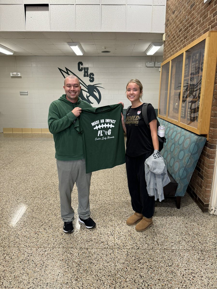 CarterFlag's tweet image. Tomorrow night is Senior Night for our 4 Seniors. Our Senior Flag Football Lady Hornets were asked to write a letter or to tell the teacher or staff member why they made an impact on them and gave them a Made An Impact t-shirt with their jersey number on the back!