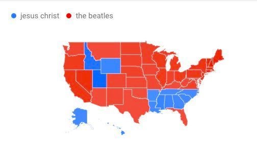 US states where The Beatles are more popular than Jesus Christ (based on Google searches from 2004 to present)
