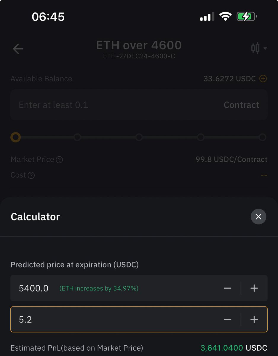 xiaoyeecrypto's tweet image. 《人生第一次买期权》
预测Eth价格在27/12会去到$5400，
花500u买了这张4600期权，
27/12如果eth价格超过4600（左右），我就赚钱（当时价格超过4600越多我赚越多），没超过$4600的话我就亏50Qu，就算到时候价格是0，也是亏50Qu，

所以 500u 换3600u（如果27/12的价格是5400u）why not？