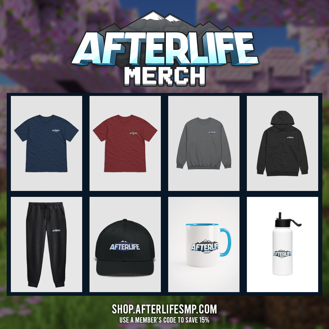 It’s official, AfterLife Merch has dropped! 🎉 shop.afterlifesmp.com

Check out the variety of items we’ve got, including a limited 10-year anniversary shirt! 🕑 Available only until Jan 31st, so grab it while you can!

Don't forget to use one of the members' codes to save 15%!