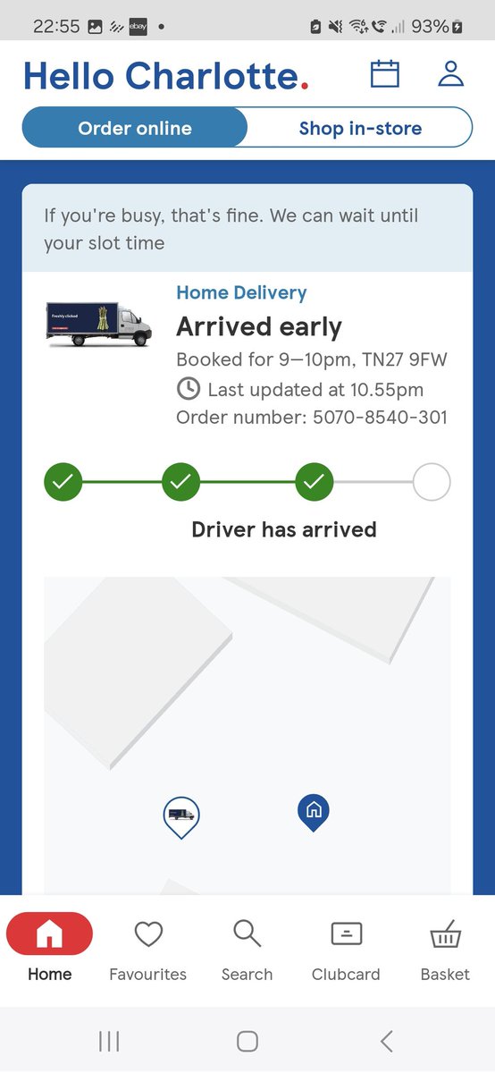 Char_loot's tweet photo. @Tesco they arrived...an hour late but the app says they're early! Not the happiest to be waiting till 11pm on a Sunday night. https://t.co/pSNgqixToM
