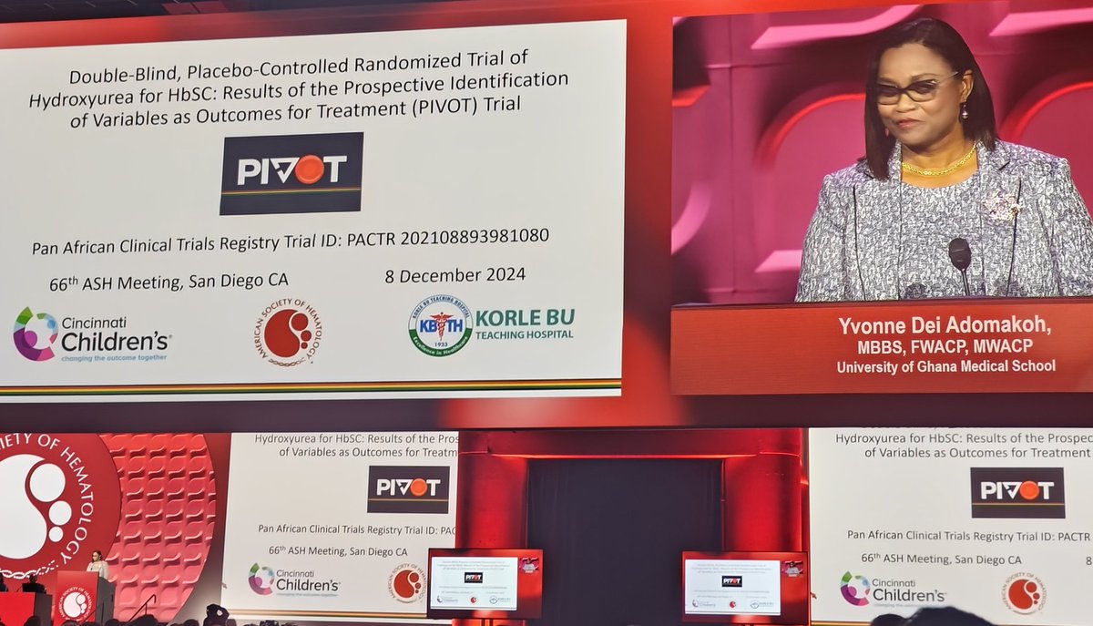 Previous trials tested hydroxyurea in patients with Hb SS but excluded patients with Hb SC!

Dr. Adomakoh reports the results of the PIVOT trial testing hydroxyurea in patients with HB SC || #ASH24 plenary 🙌🏼

Results simultaneously published in <a href="/NEJM/">NEJM</a> evidence 💪🏼