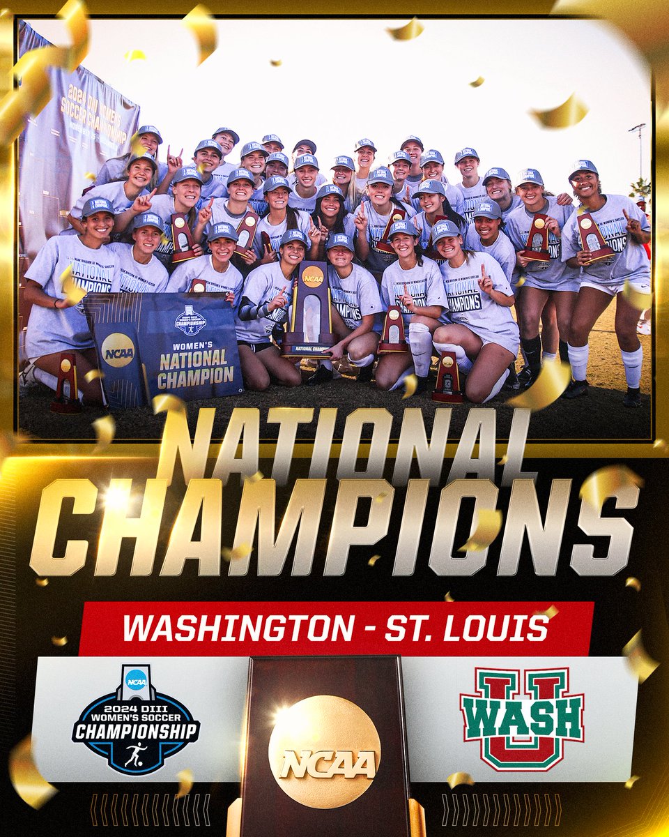NCAADIII's tweet image. 𝐂𝐇𝐀𝐌𝐏𝐈𝐎𝐍𝐒 🏆 @WASHUBears 

Congratulations to WashU, the 2024 Division III Women’s Soccer champions! This is their second championship and their first since 2016. ⚽️

#WhyD3 | #D3soc