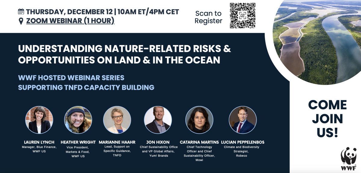 Join WWF’s December 12th webinar at 10:00 am ET / 4:00 pm CET to explore how leading companies &amp; financial institutions are addressing nature-related issues + how the TNFD can help companies address these issues in seafood, agriculture, and shipping sectors. <a href="/MakeNatureCount/">NatureFinance</a>