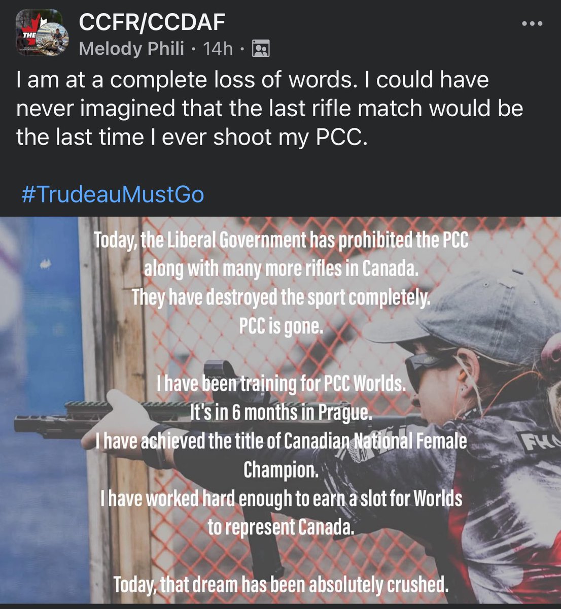 I get it. If you don’t own guns you probably don’t care what’s happened to our community. But for many, it’s a passion they’ve pursued for years, decades. Invested in, spent every spare moment training. Melody had just qualified to compete on the world stage as top Canadian