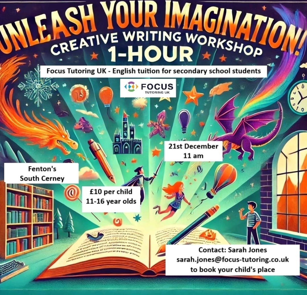 SouthCerneyHall's tweet photo. Looking for something for your young person to do before Christmas?  Why not try this Creative  Writing Workshop for 11-16 year olds. at Fenton's?
21 December 11am  1 hour  £10 per child.
Contact sarah.jones@focus-tutoring.co.uk for more details. https://t.co/6PJaAtjsBR