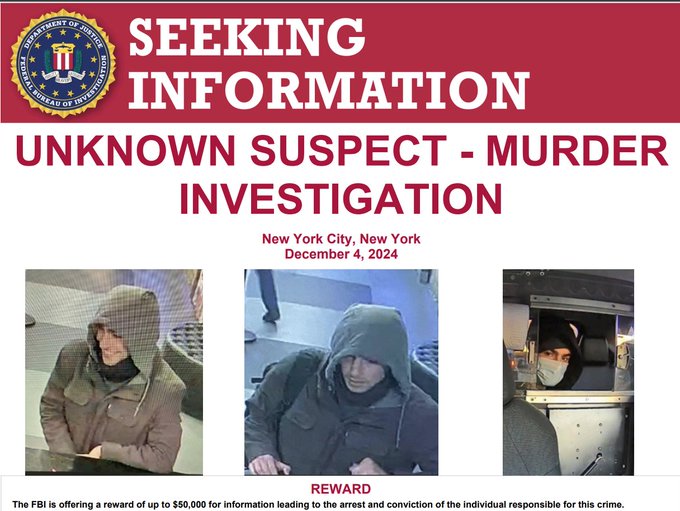 Breaking911's tweet photo. BREAKING: FBI offers $50,000 reward for information on UnitedHealthcare CEO's killer