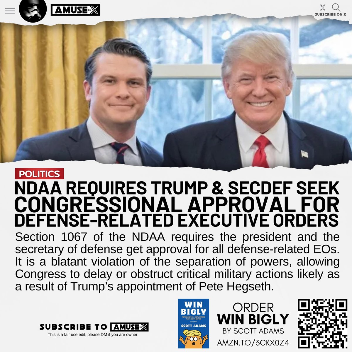 NDAA: Congress inserted a new requirement that President Trump and Secretary of Defense Hegseth seek approval from them before implementing any defense-related executive orders in the 2025 NDAA. 

Section 1067: This provision requires Congressional notification for executive
