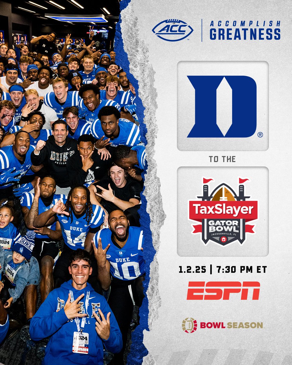 ACC Football (@accfootball) on Twitter photo ππππ ππππ ππππππ π
The Blue Devils are headed to the <a href="/taxslayerbowl/">TaxSlayer Gator Bowl</a>! ππππ ππππ ππππππ π
The Blue Devils are headed to the <a href="/taxslayerbowl/">TaxSlayer Gator Bowl</a>!