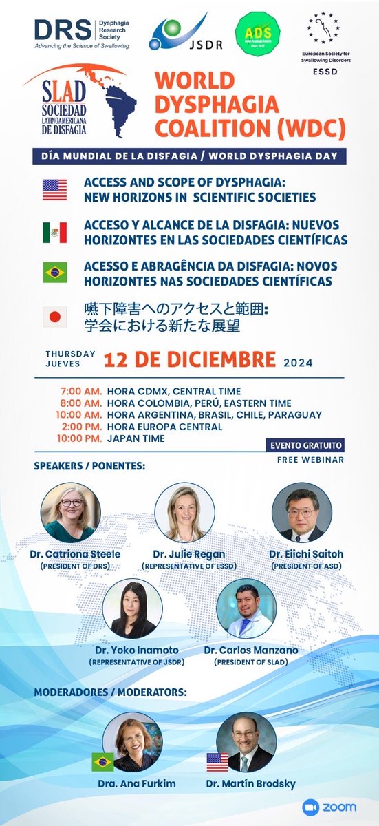 Official_DRS's tweet photo. Please join us for a FREE Webinar this Thursday December 12th on World Swallowing Day! Webinar hosted by the Latin America Society for Dysphagia #SLAD in partnership with Dysphagia Research Society #DRS, the European Society for Swallowing Disorders #ESSD, the Japanese Society... https://t.co/r2XaikJAGa