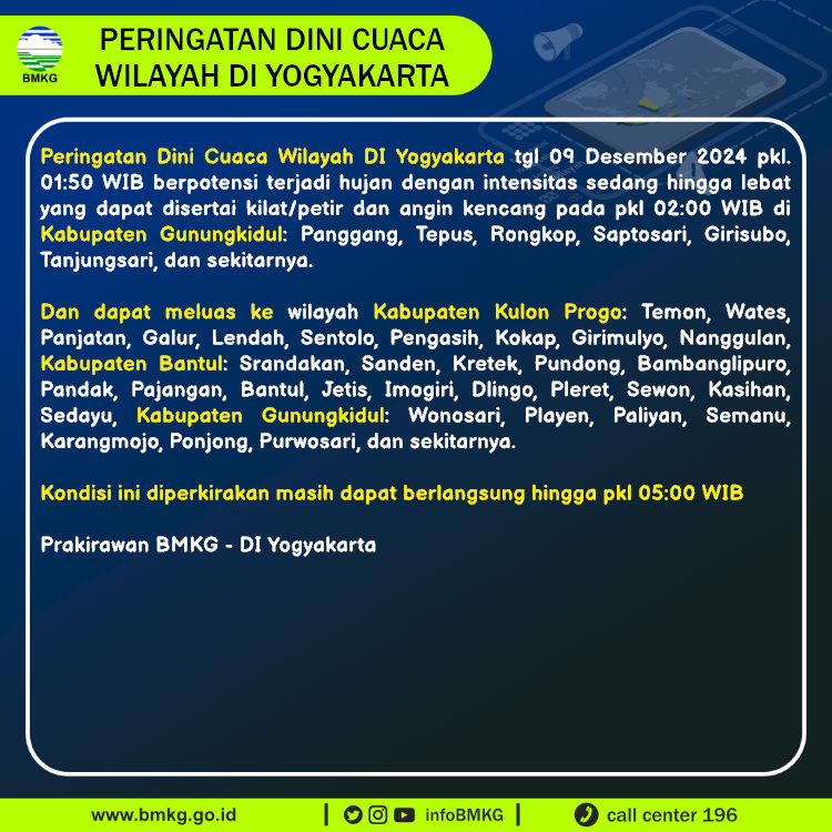Update Peringatan Dini Cuaca Wilayah - DI Yogyakarta Tgl. 09 Desember 2024 pkl. 02:00 WIB
Prakirawan - BMKG - DI Yogyakarta
nowcasting.bmkg.go.id/nowcast?kodwil…